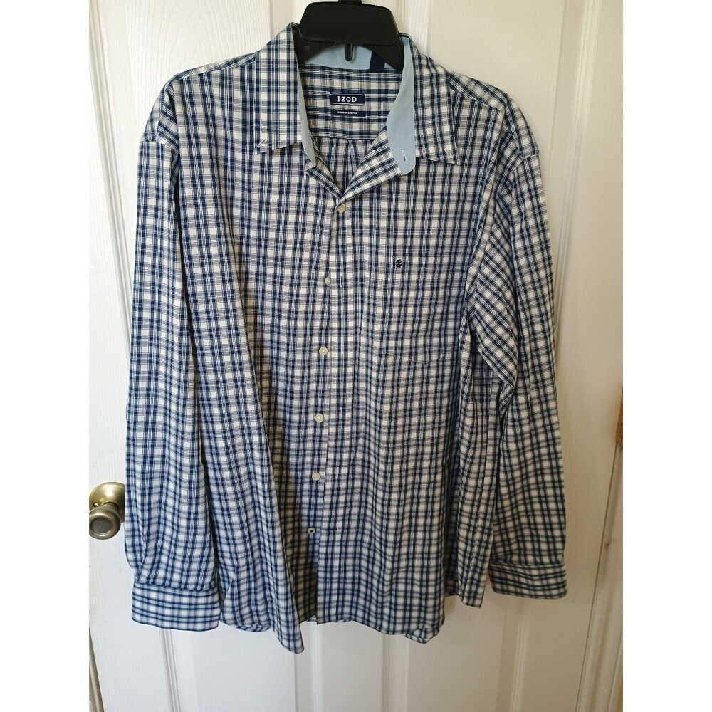 IZOD Men's Large Blue Gingham Check Long Sleeve Button Down Casual Dress Shirt